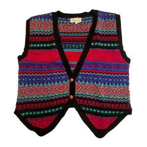 VTG Village Green Sweater Vest Womens XL Multicolor 80s Hippie Western Cardigan